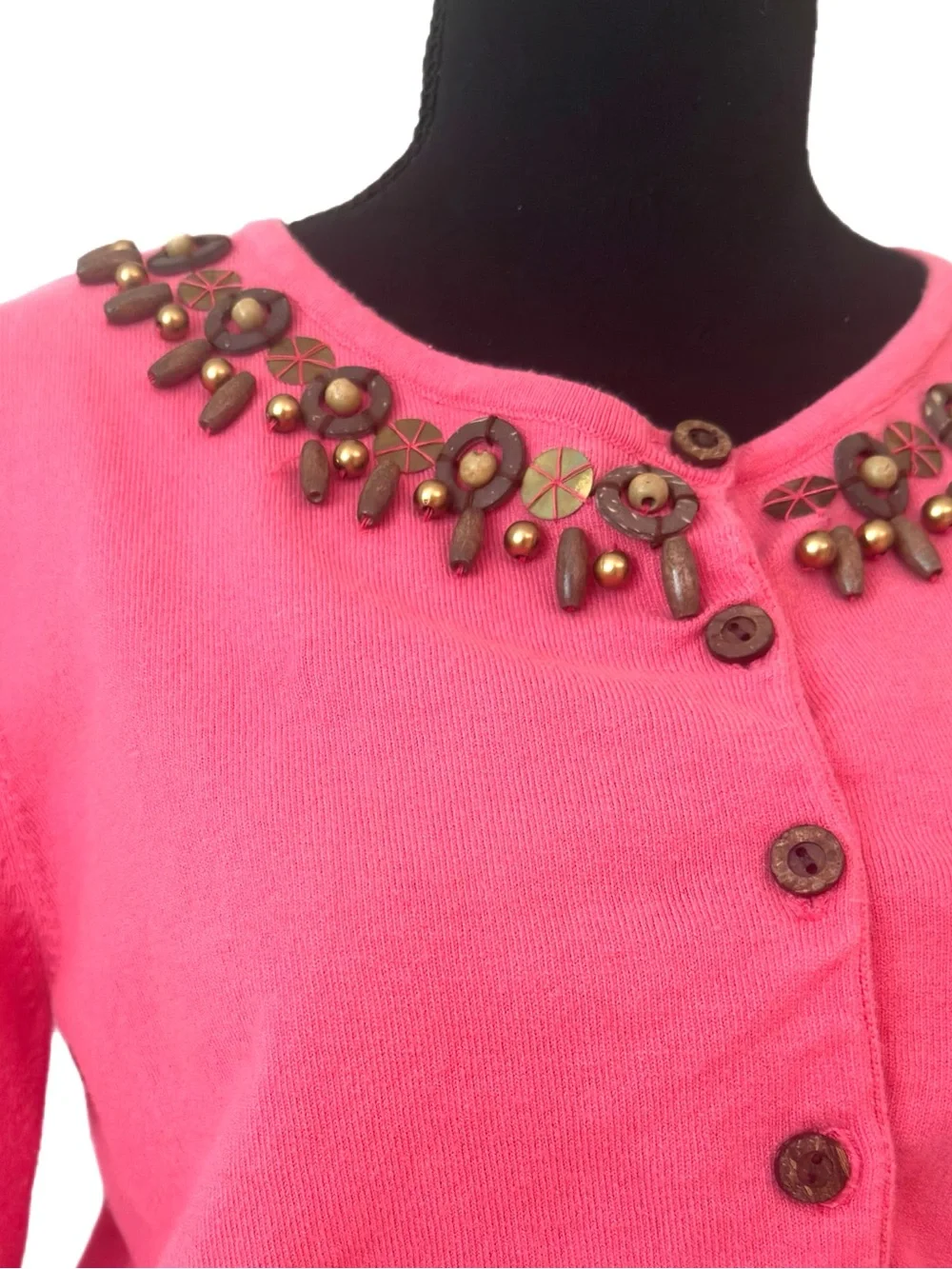 RUBY RD ~ Coral Pink 3/4 Sleeves Embellished Cropped Cardigan